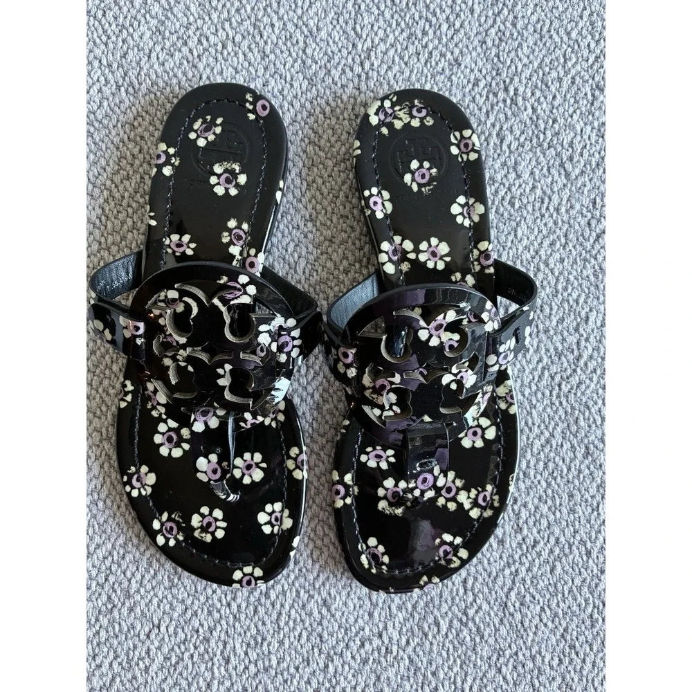 Tory Burch Miller Floral Patent Sandals Black Pink Women Size 4.5 M EU 35.5 - Picture 1 of 13